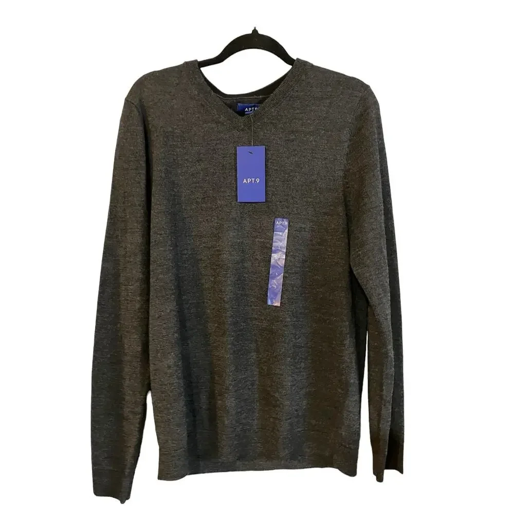 Apt. 9 Men's Dark Char Heather Slim Fit Merino Wool Blend V-Neck Sweater S NWT